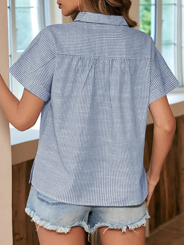 Model wearing Blue Striped Short Sleeve Casual Shirt