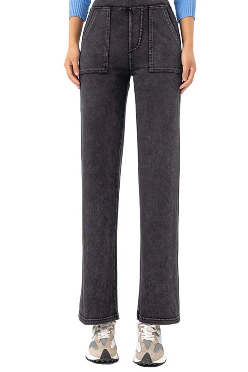 Dark wash denim pants with a regular fit, featuring large front patch pockets and a drawstring waist.
