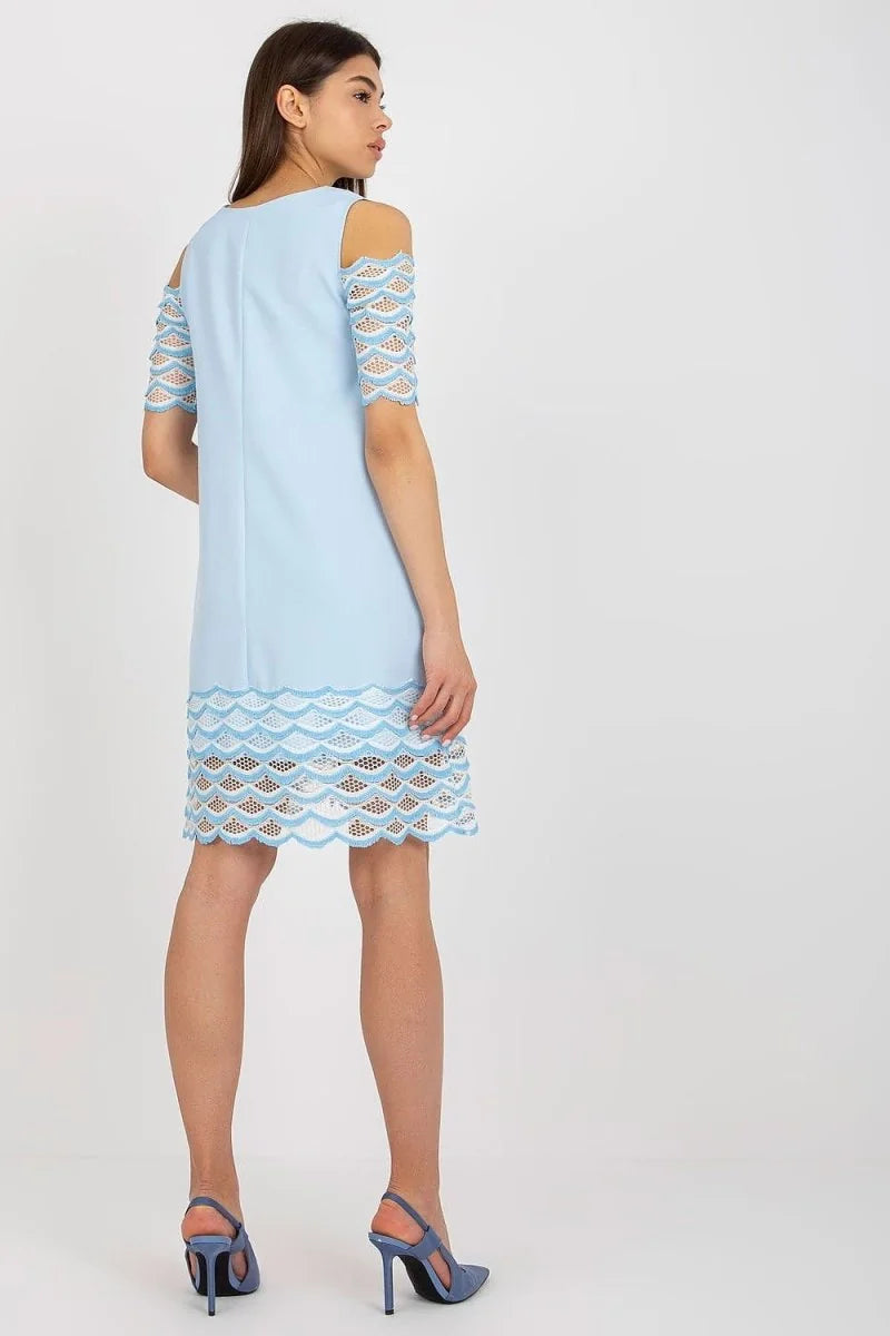 Light blue A-line dress with cold shoulder lace sleeves and scalloped lace hem.
