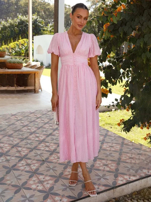 Yellow Women's V-Neck Puff Sleeve Waist Dress