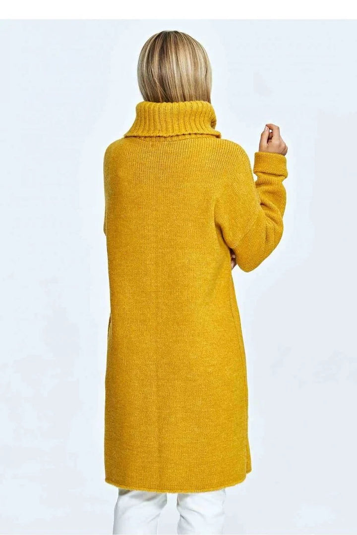 Back view of a mustard yellow, ribbed knit turtleneck sweater with regular fit.