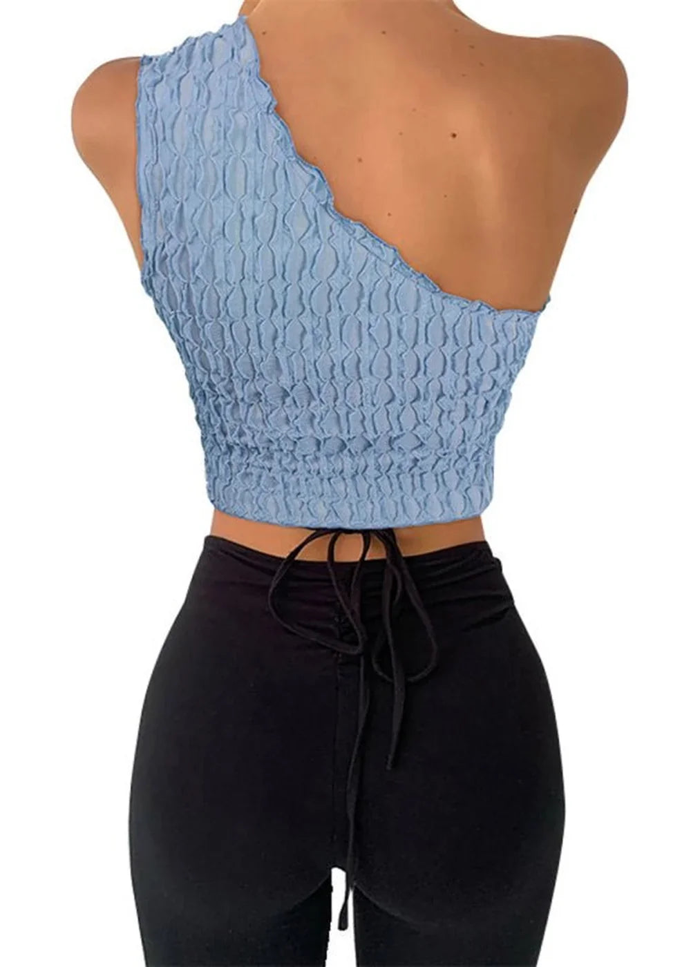 Light blue textured one-shoulder crop top with tie-back detail, shown from the back.