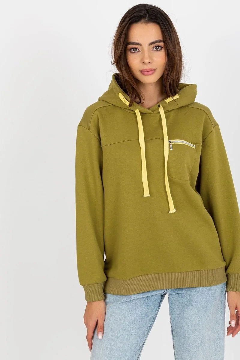 Olive green hooded sweatshirt with yellow drawstrings and a zippered chest pocket on a model.
