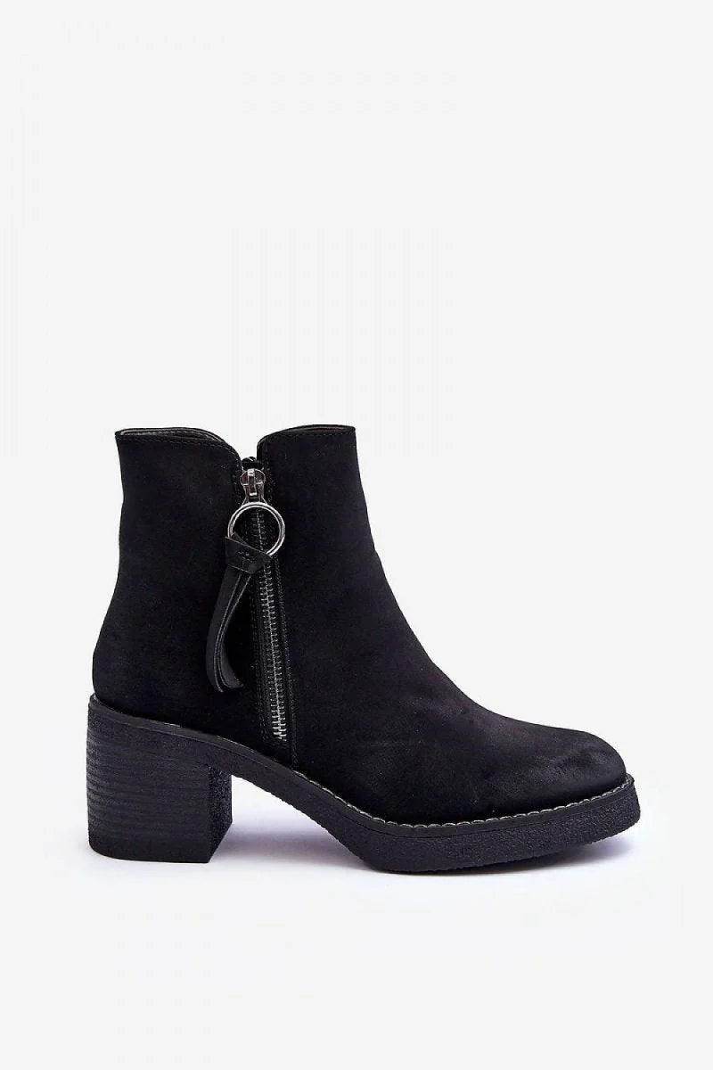 Black eco-suede ankle boot with a side zipper and a chunky block heel.