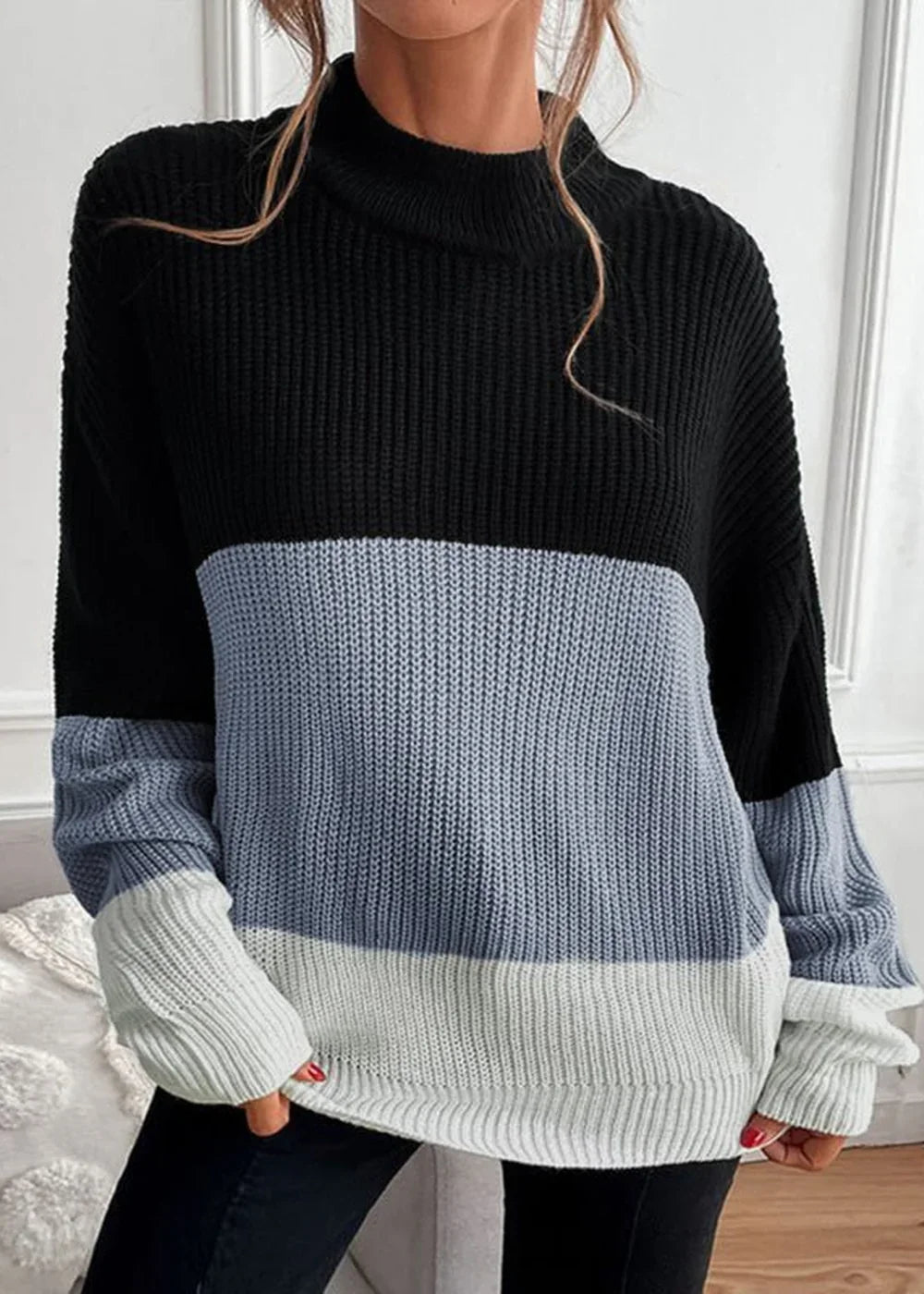 Color Block Long Sleeve Turtleneck Sweater
