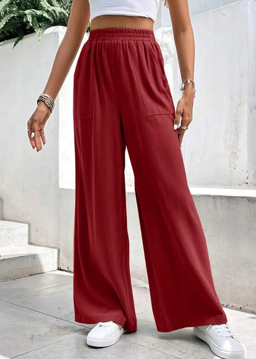 Grey women's mid-waist straight leg casual trousers