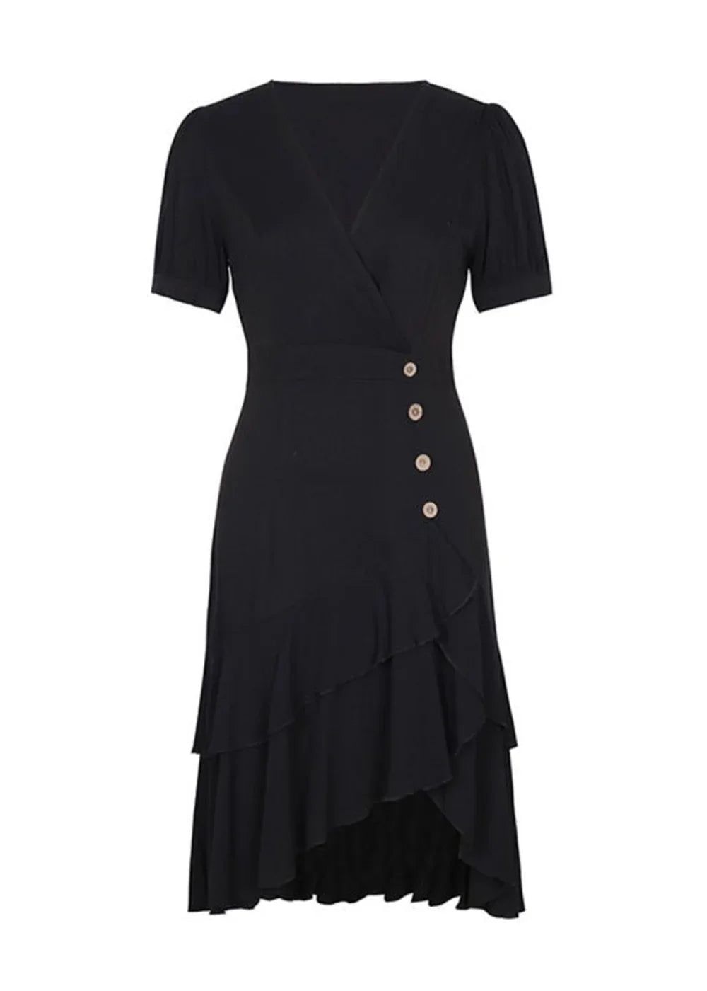 Black rayon wrap dress with ruffled hem and decorative buttons, on white background.