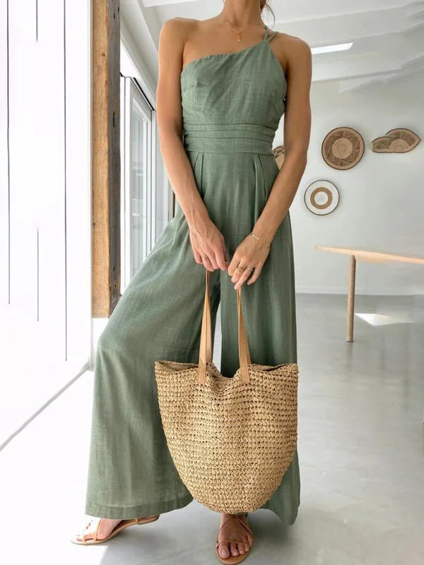 Model wearing a wide-leg jumpsuit