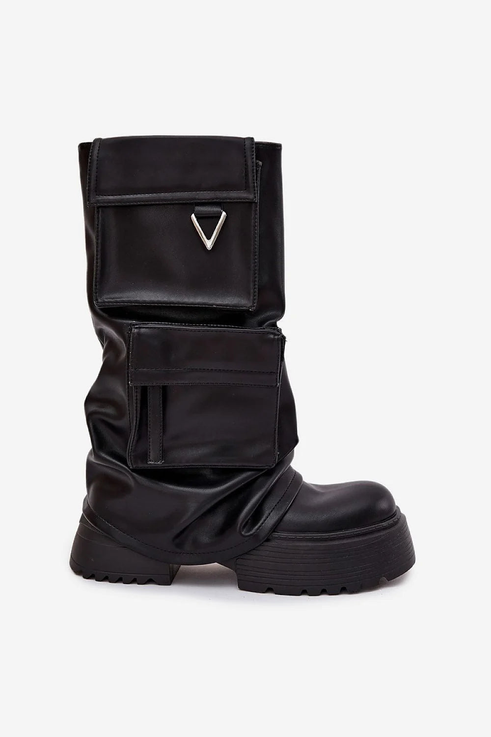 Black faux leather moto boots with multiple cargo pockets and a chunky platform sole.