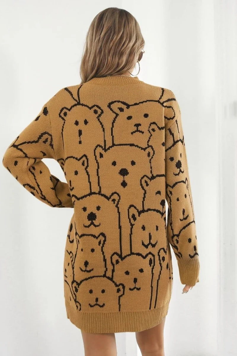 White bear pattern round neck mini sweater dress