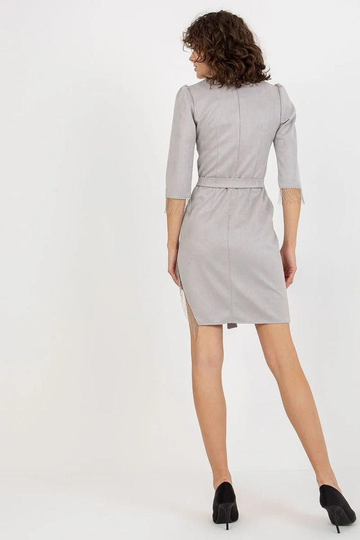 Light gray belted dress with fringe detail on sleeves and hem, regular fit