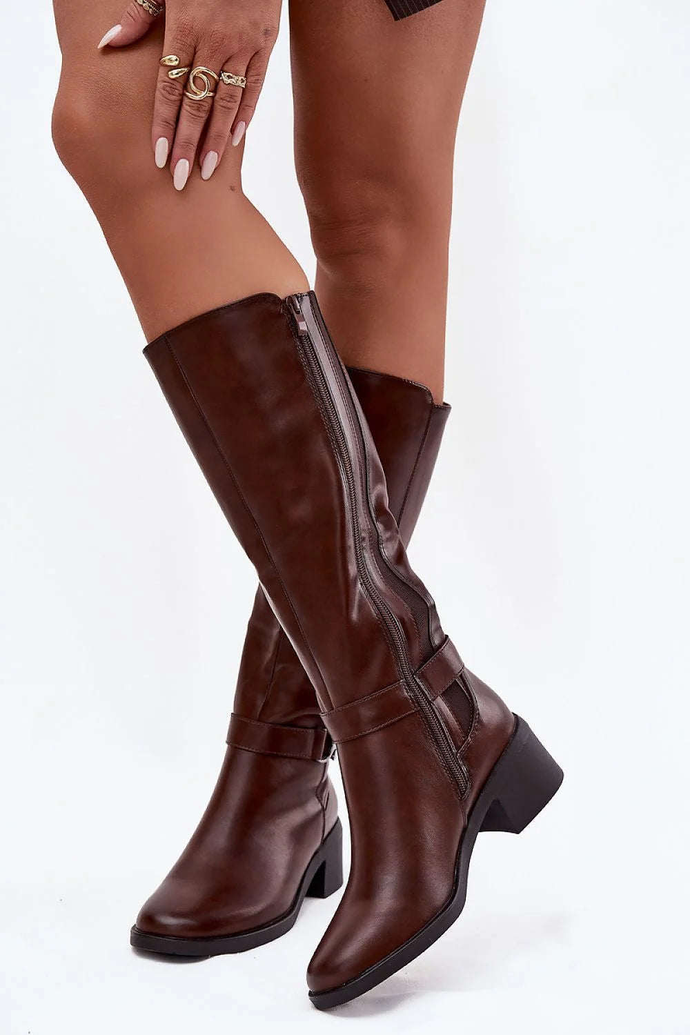 Brown knee-high boots made of eco-leather with a side zipper and block heel.