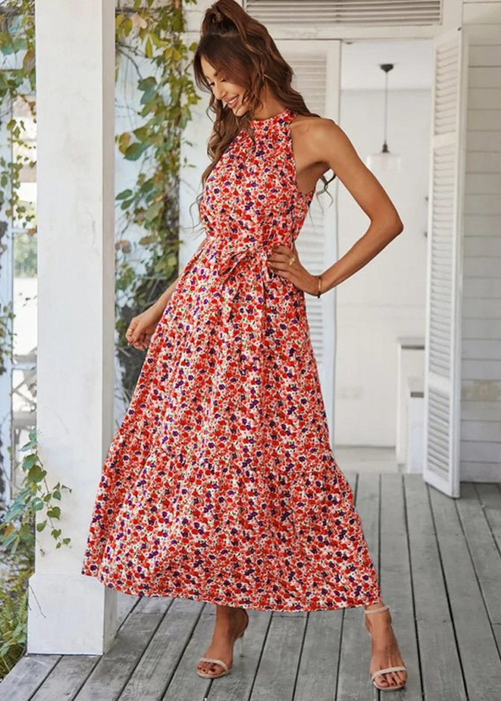 Yellow floral print tiered resort dress