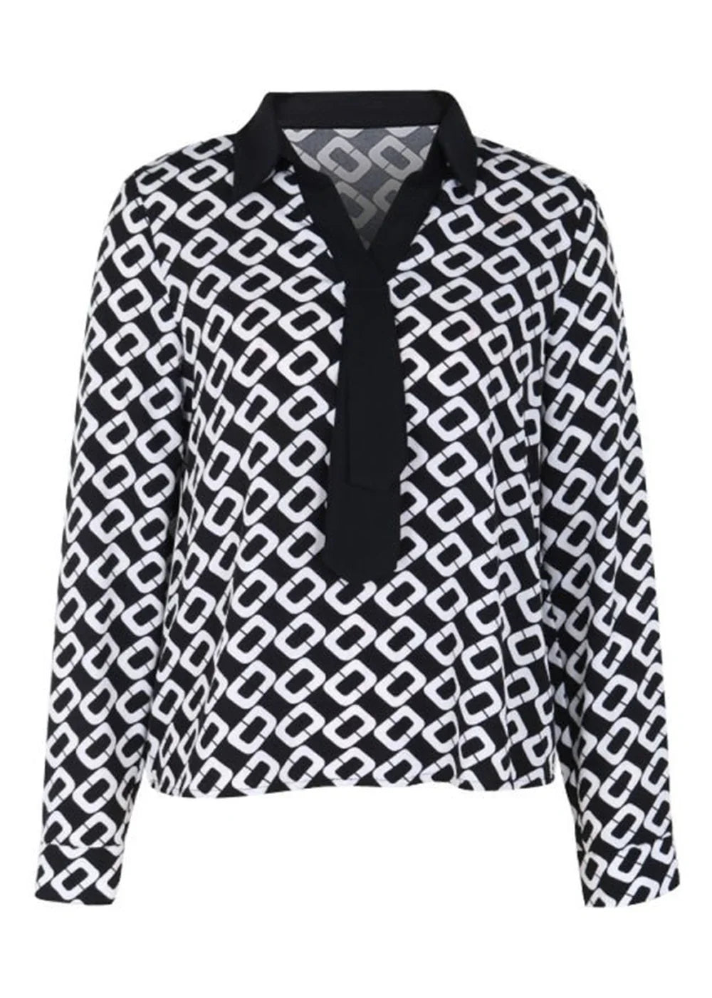 Black and white geometric print long-sleeved blouse with a black collar and tie detail.