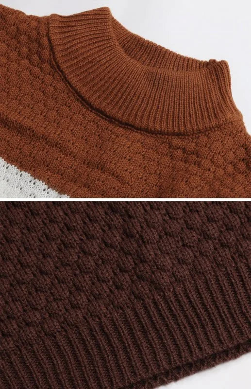Model wearing a brown color block sweater