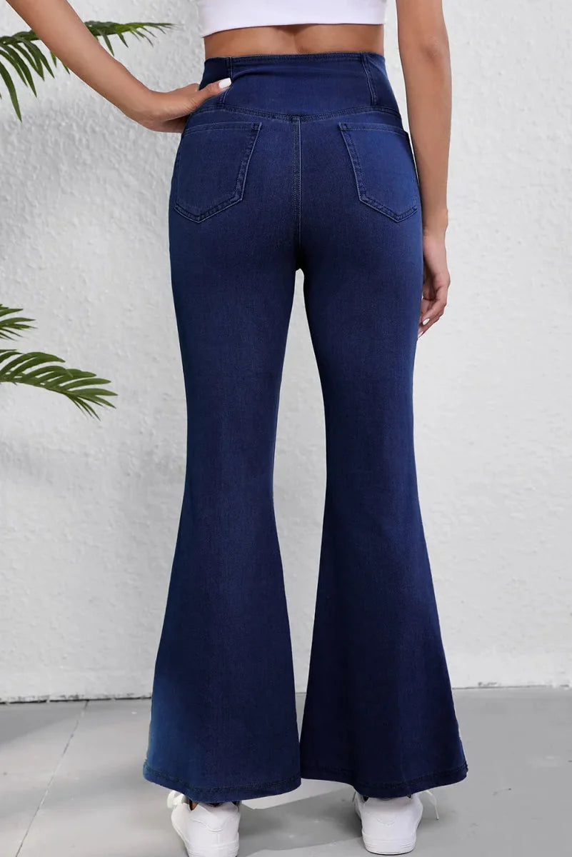 Dark wash, high-waisted flare jeans with moderate stretch and a clean finish.