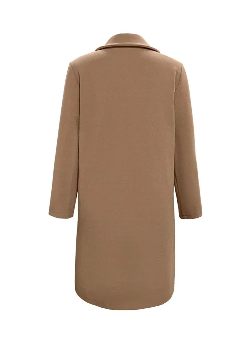 Back view of a tan, mid-length coat with long sleeves and a lapel collar.