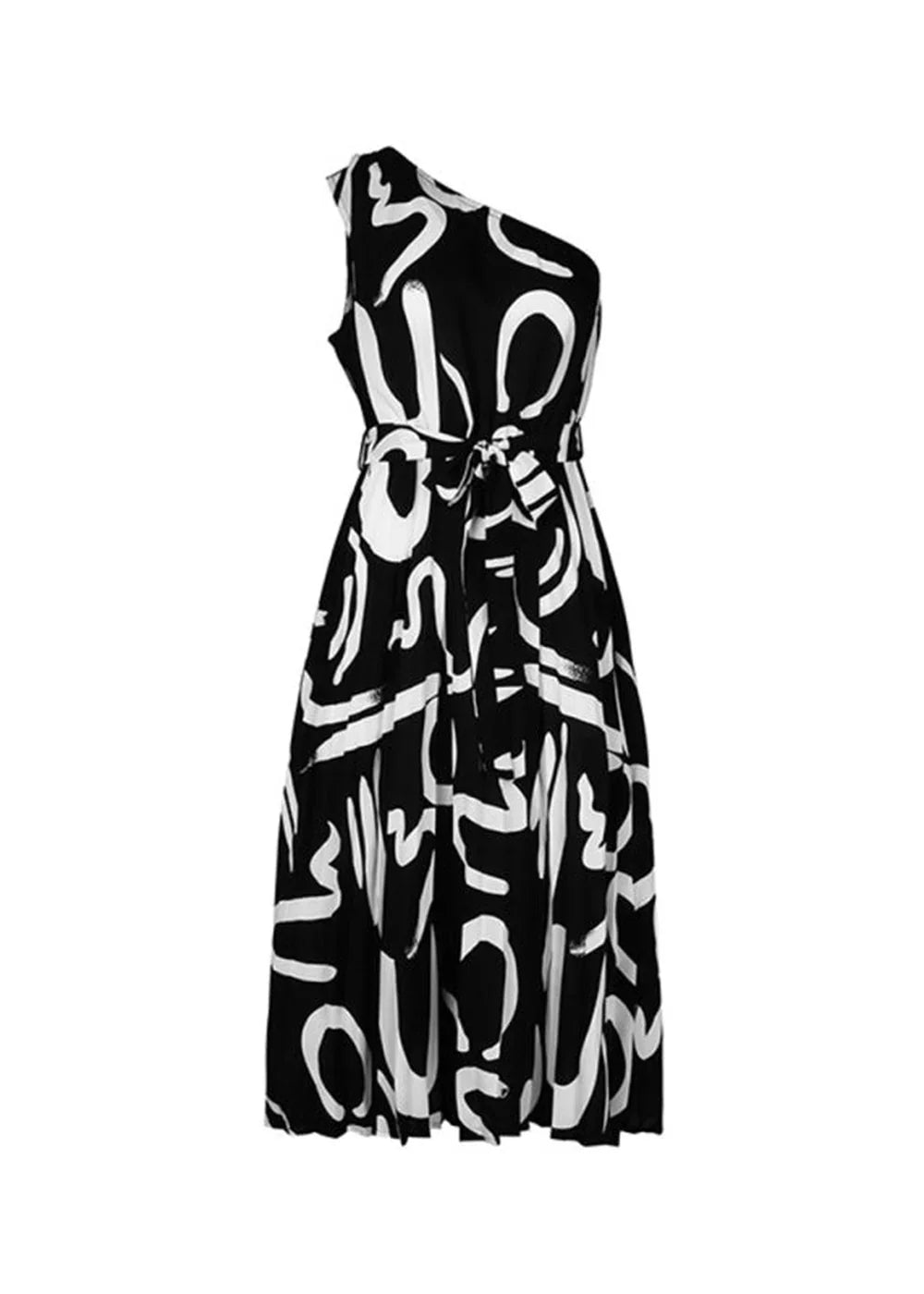 Black and white abstract print one-shoulder midi dress with a tie waist.