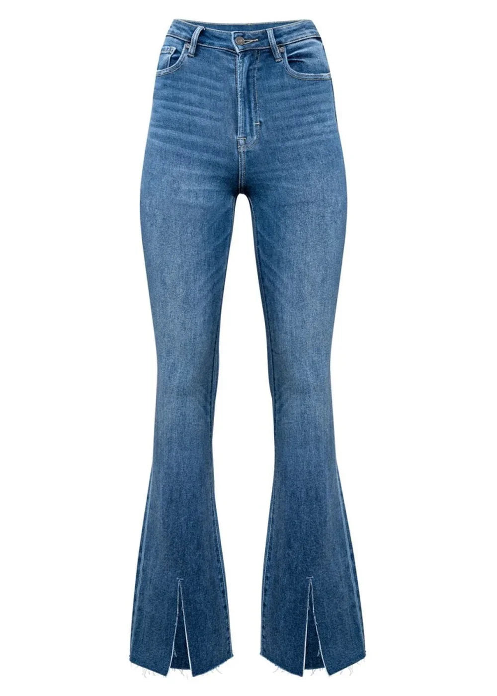 Medium wash denim flare jeans with a high waist and front slits.