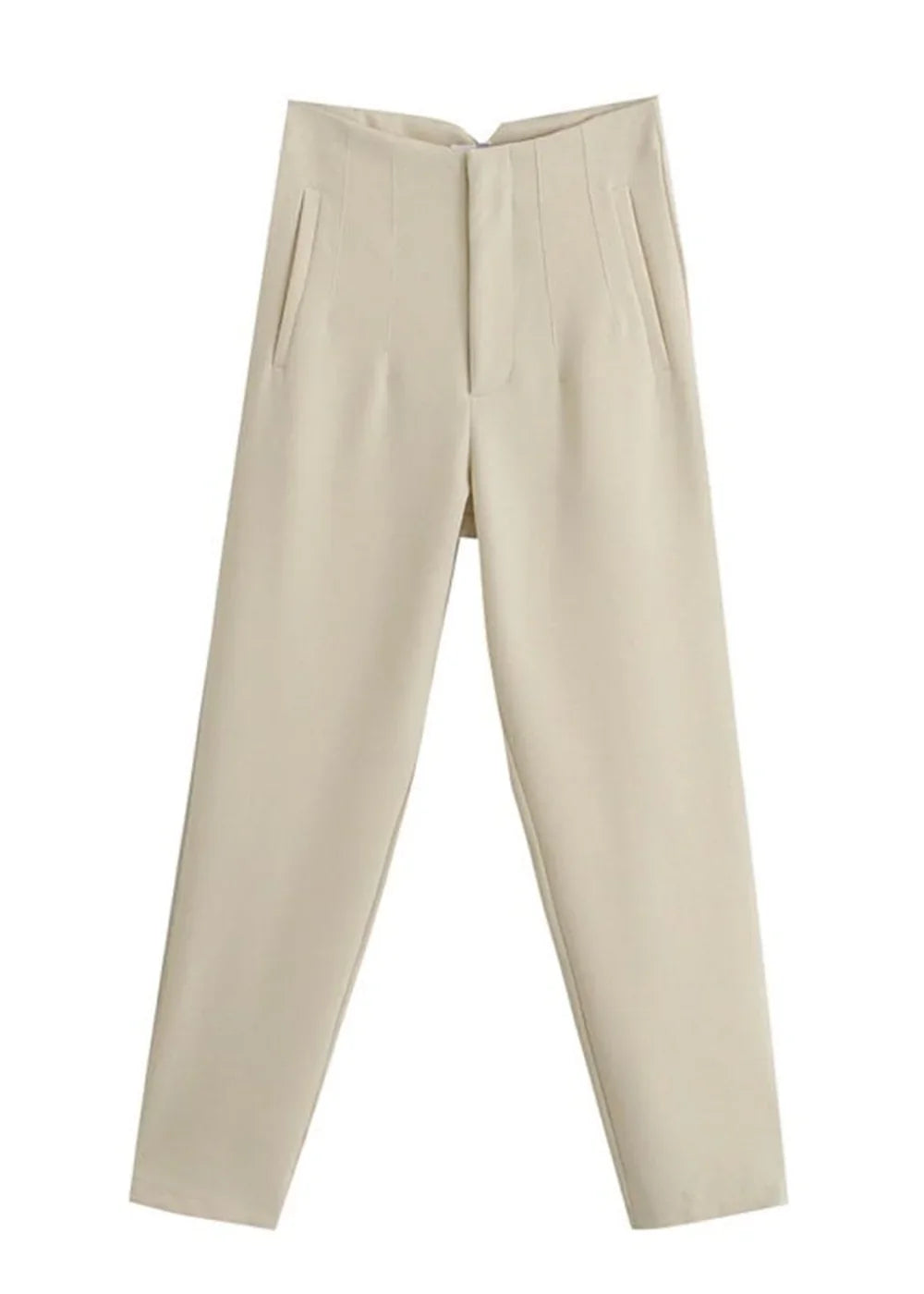 Light beige tailored trousers with a high waist, front pleats, and side pockets.