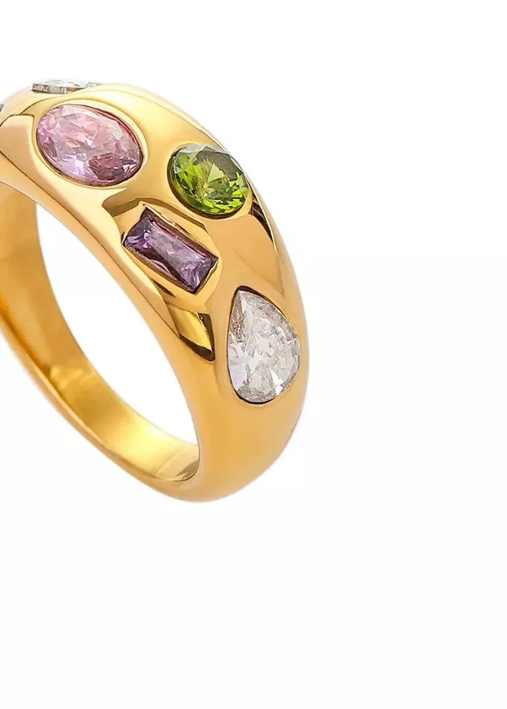 Gold ring with oval pink, green, and rectangular purple stones, and a pear-shaped diamond.