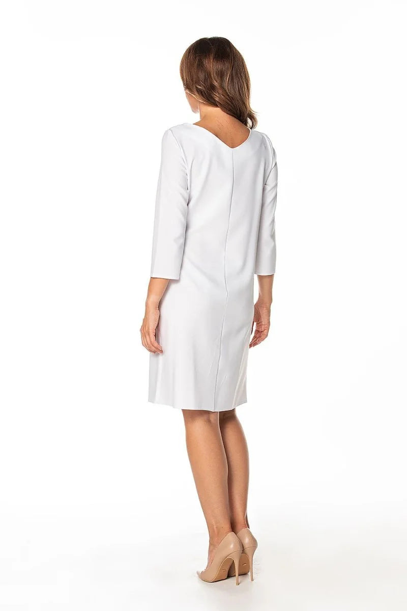 White V-neck dress with three-quarter sleeves, regular fit, shown from the back on a model.
