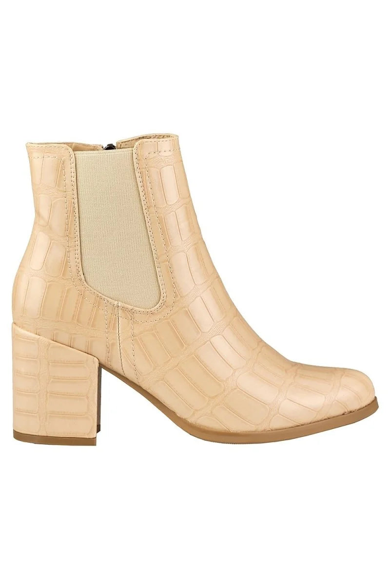 Light beige croc-embossed eco-leather Chelsea boots with a block heel.
