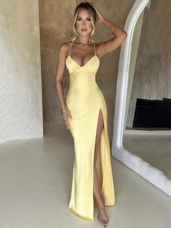Fruit green V-neck satin maxi dress with slit