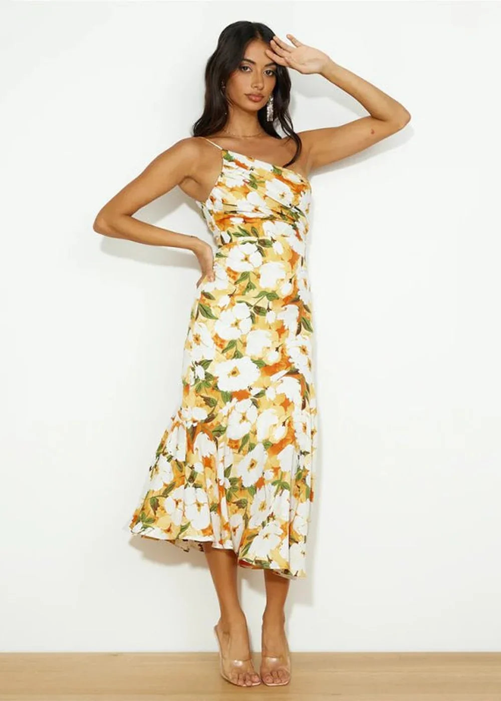 Yellow slant neck fishtail print dress