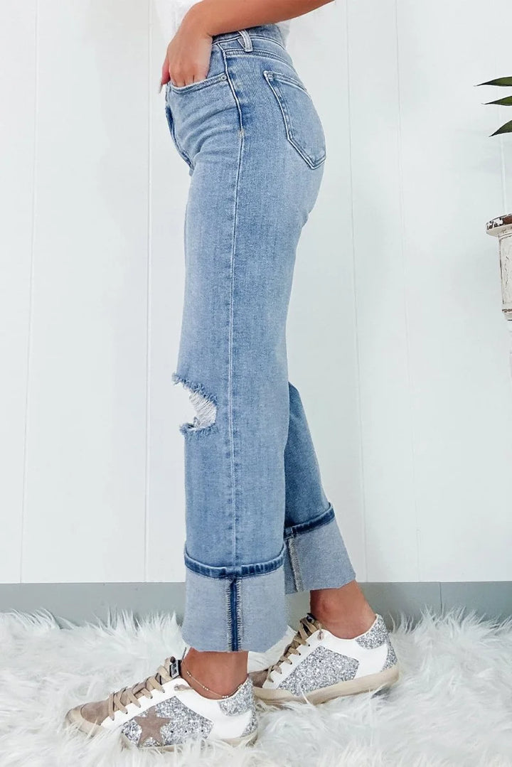 Model wearing straight leg jeans