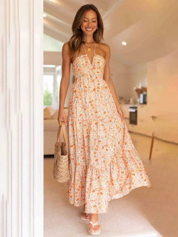 Orange bohemian V-neck long dress