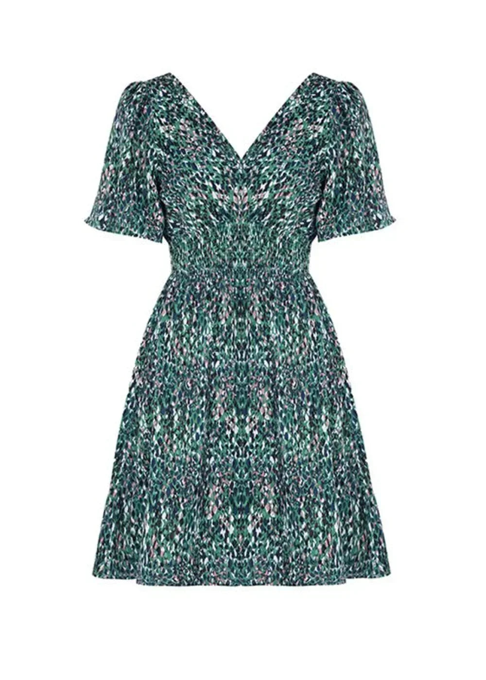 Model wearing a green short sleeve dress