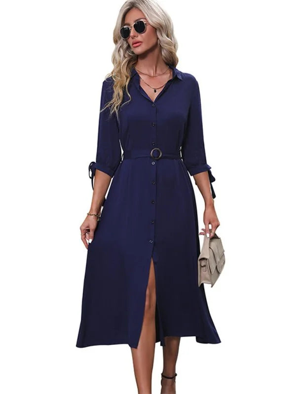 Navy blue rayon midi shirt dress with a belted waist and button-down front, on a model.