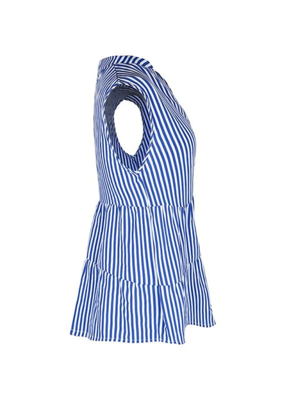 Navy blue and white striped sleeveless tiered peplum top.