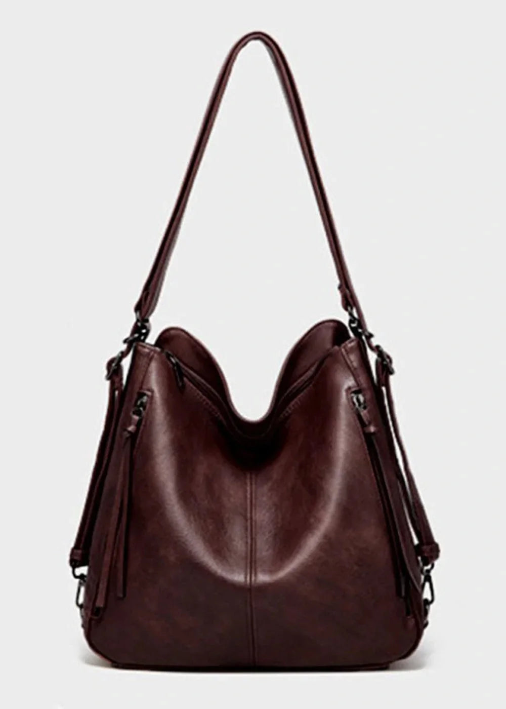 Deep brown PU leather hobo bag with a slouchy silhouette and multiple zippered pockets.