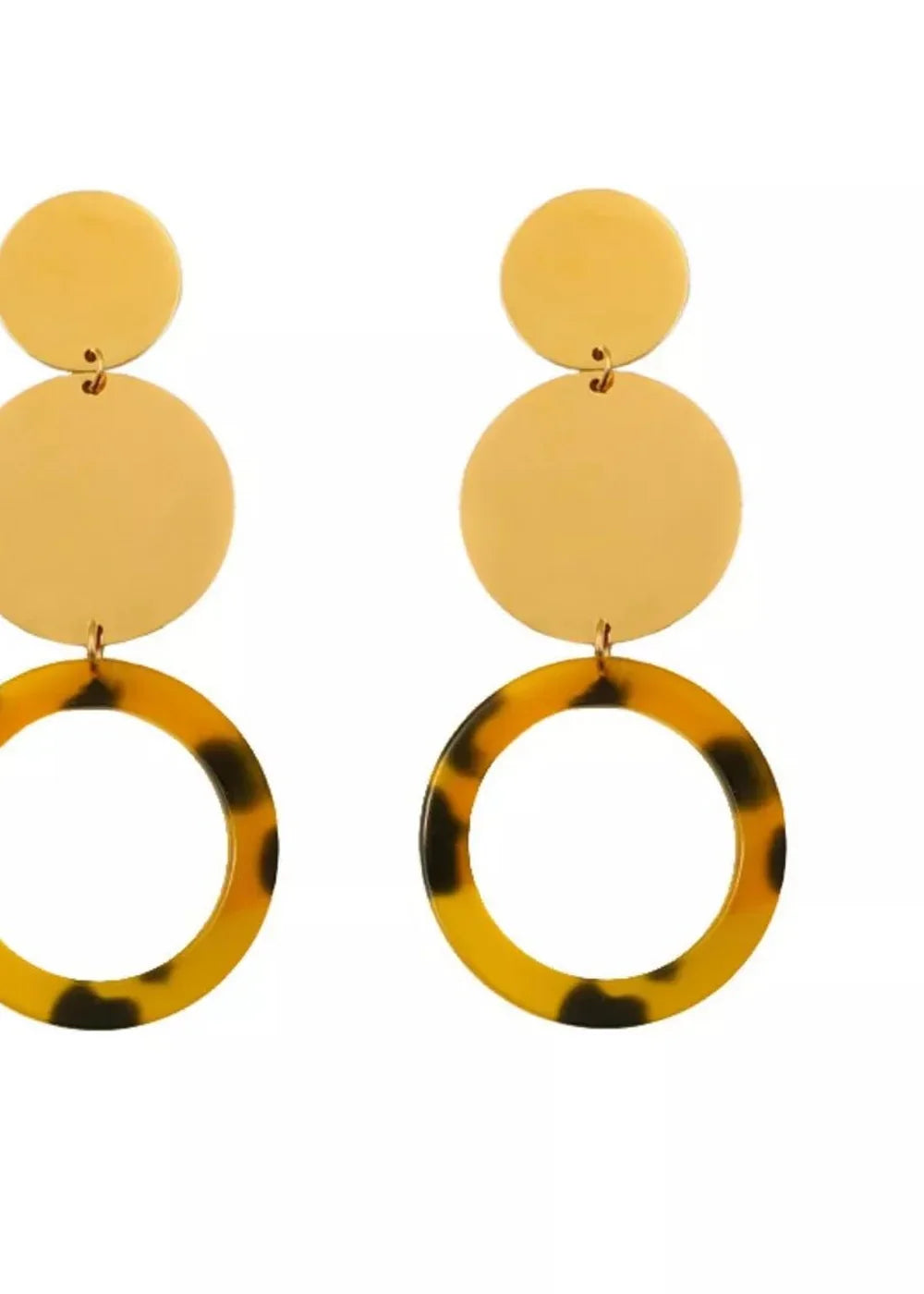 Gold disc earrings with tortoise shell hoops, geometric style