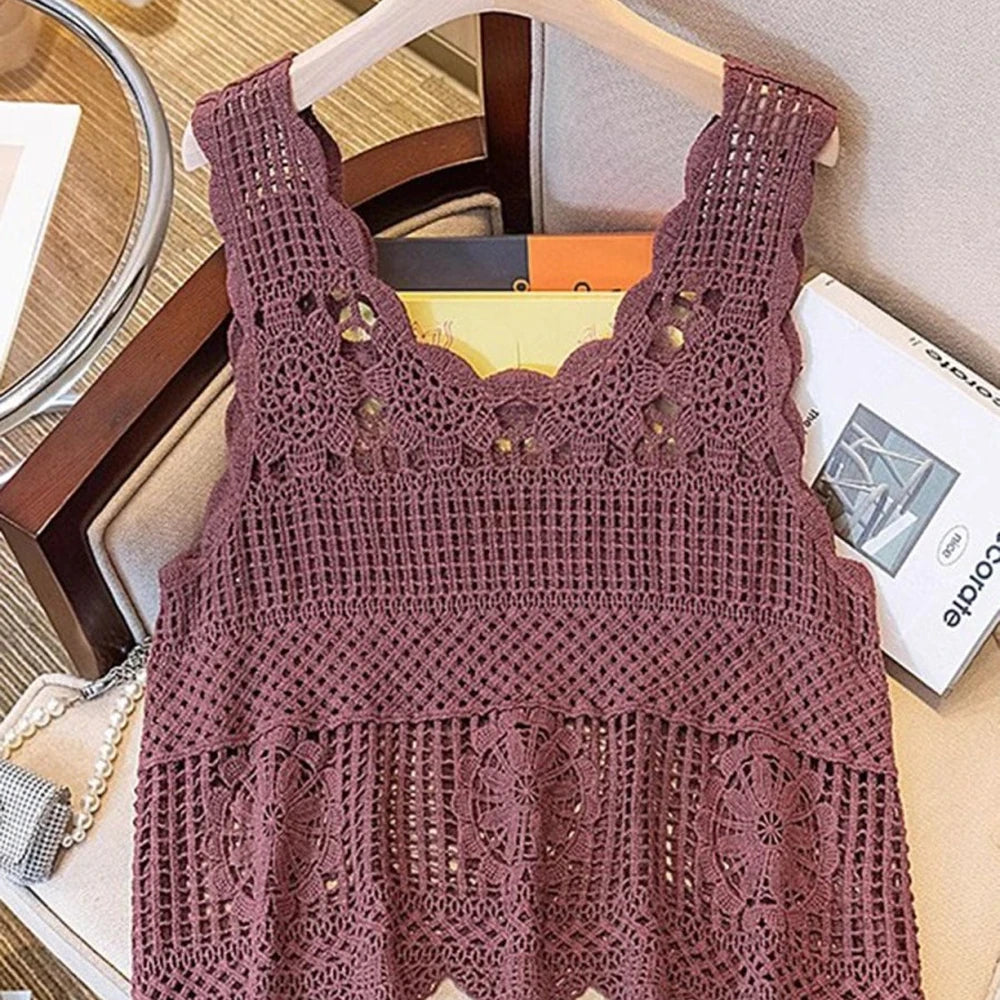 Cream Openwork Scoop Neck Cotton Tank