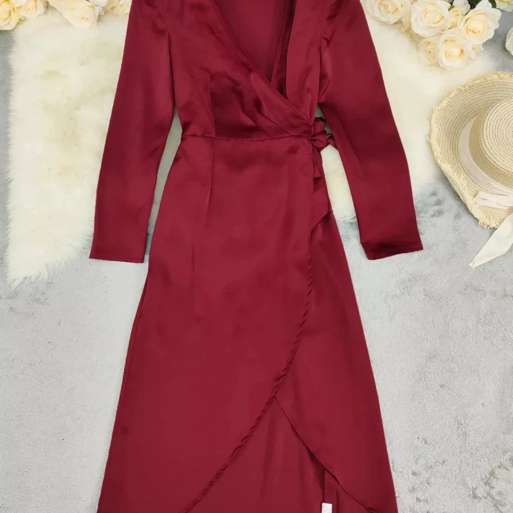 Surplice Satin Long Sleeve Maxi Dress