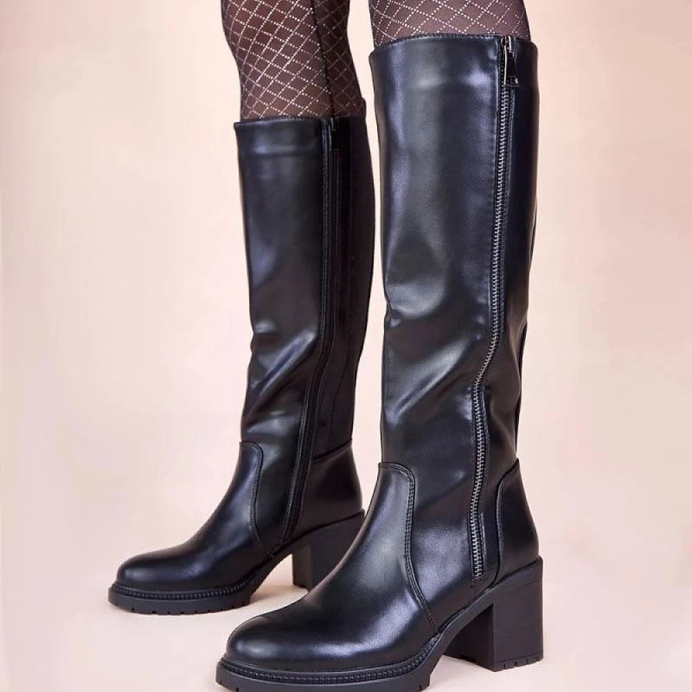 Black Leather Heel Boots