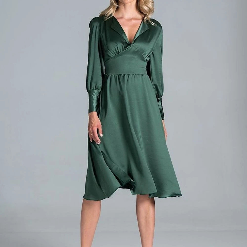 Midi Satin Dress with Lapel Neckline