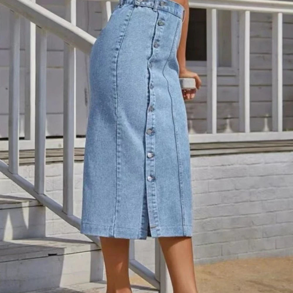 Midi Denim Skirt with Slit and Belt