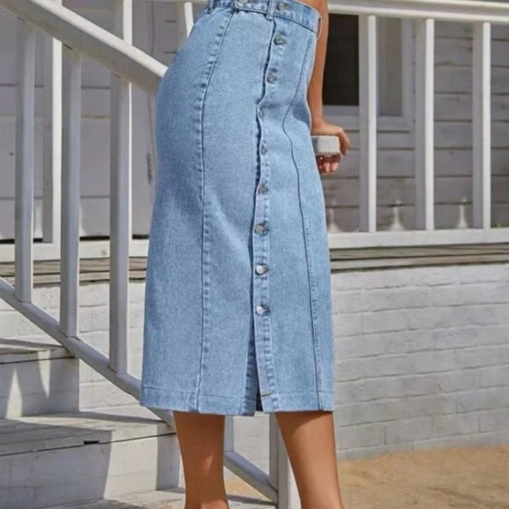 Midi Denim Skirt with Slit and Belt