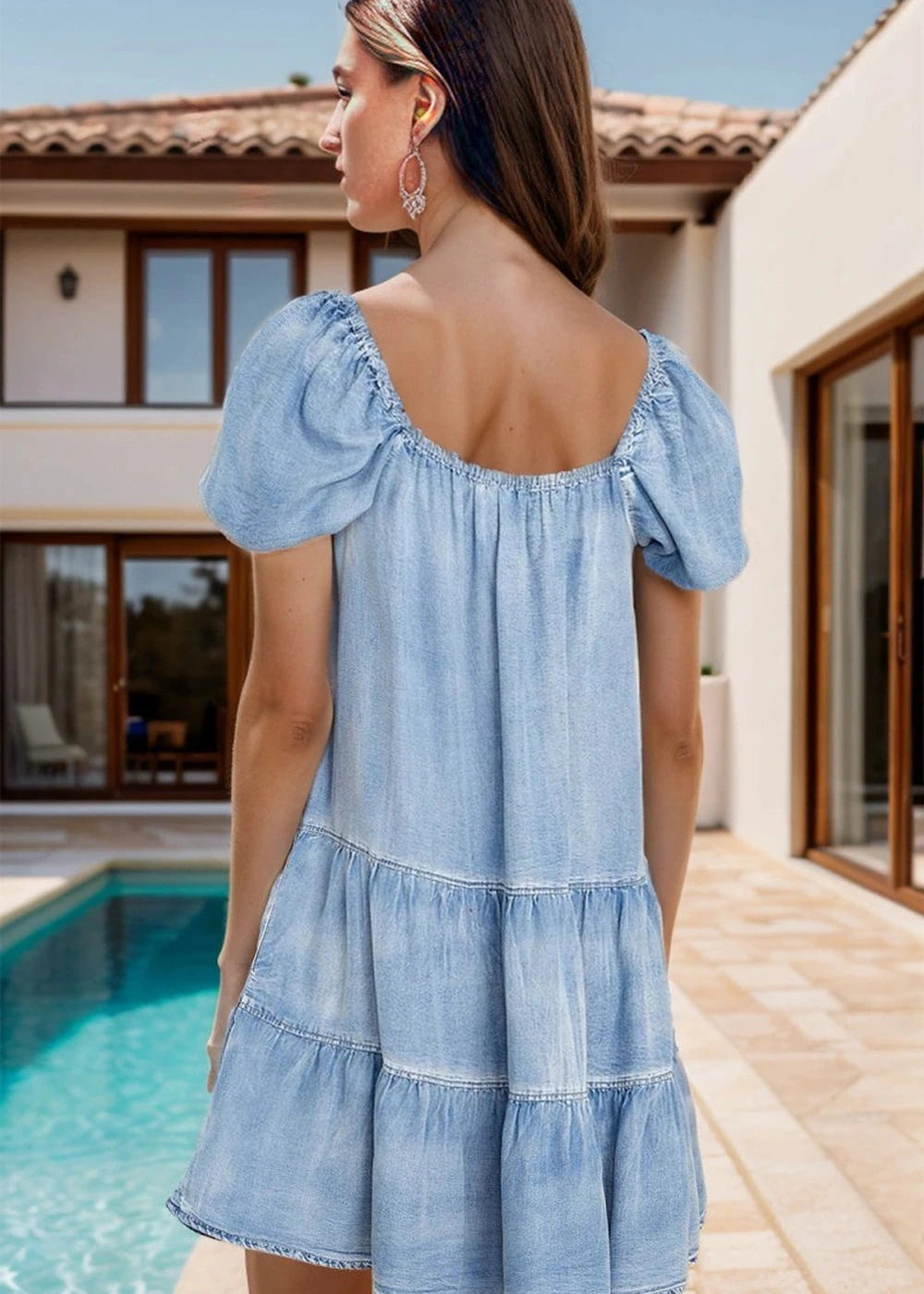 Square neck puff sleeve denim dress