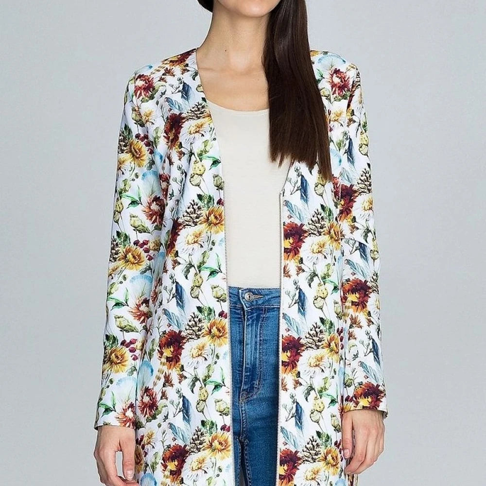 Long Floral Jacket with Decorative Zipper