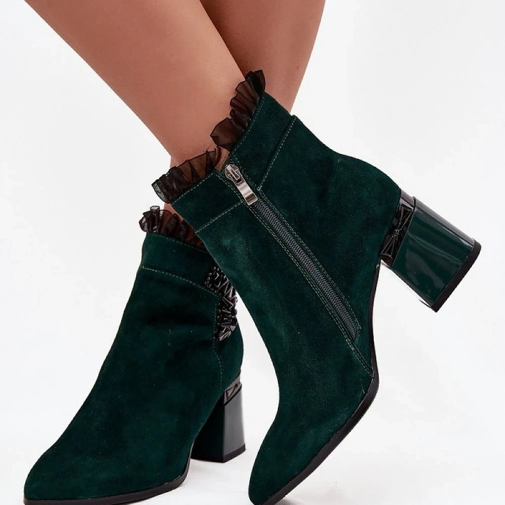Suede Ankle Boots with Zipper - Green