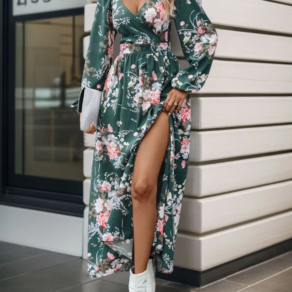 Printed Surplice Maxi Dress with Slit