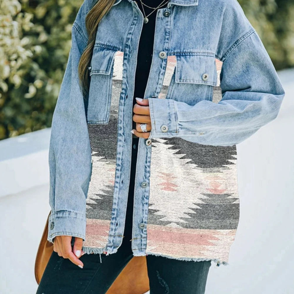 Collared Neck Denim Jacket with Raw Hem