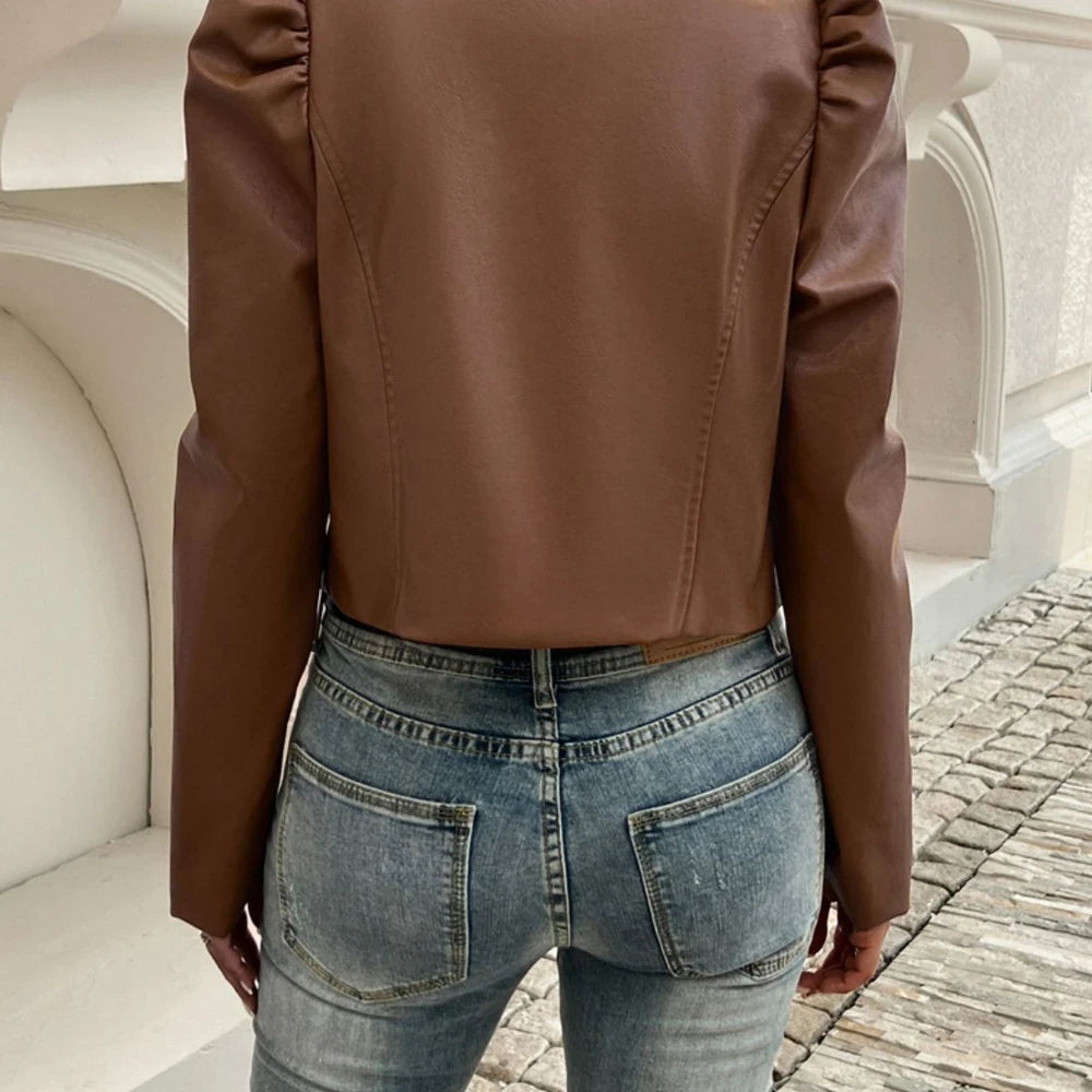 Brown Puff Sleeve Jacket with Ruched Detail
