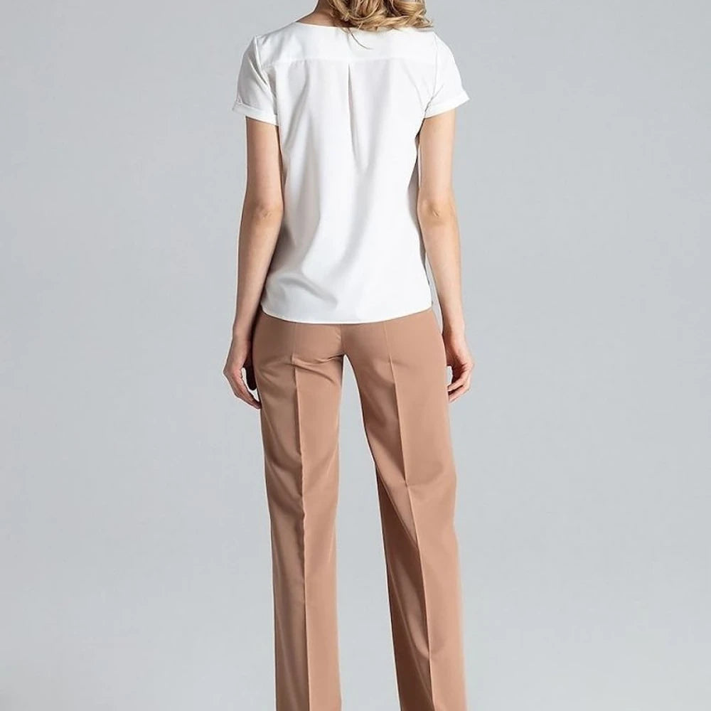 Heart Neck Blouse with Cuffed Short Sleeves