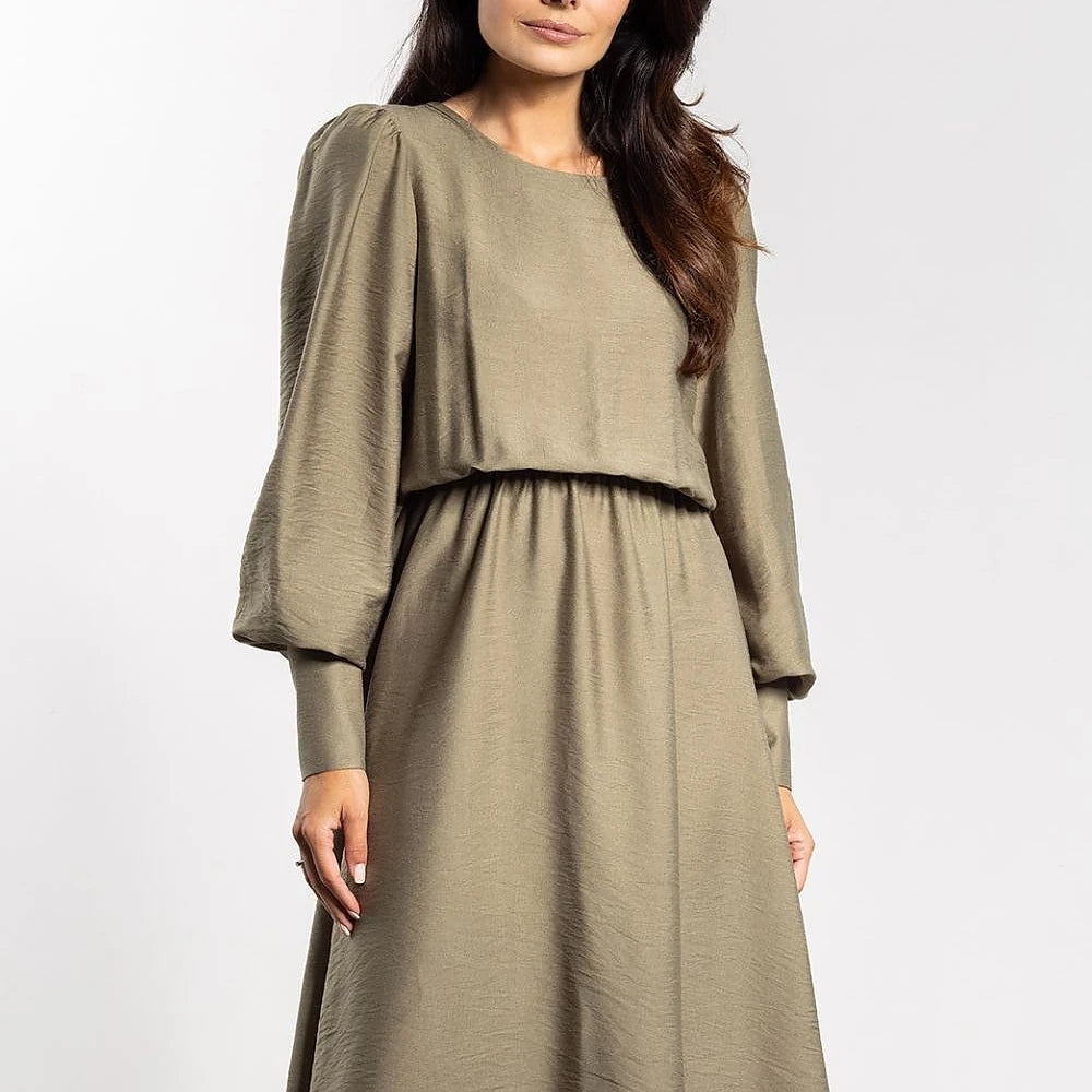Midi Dress with Elastic Waist and Long Sleeves